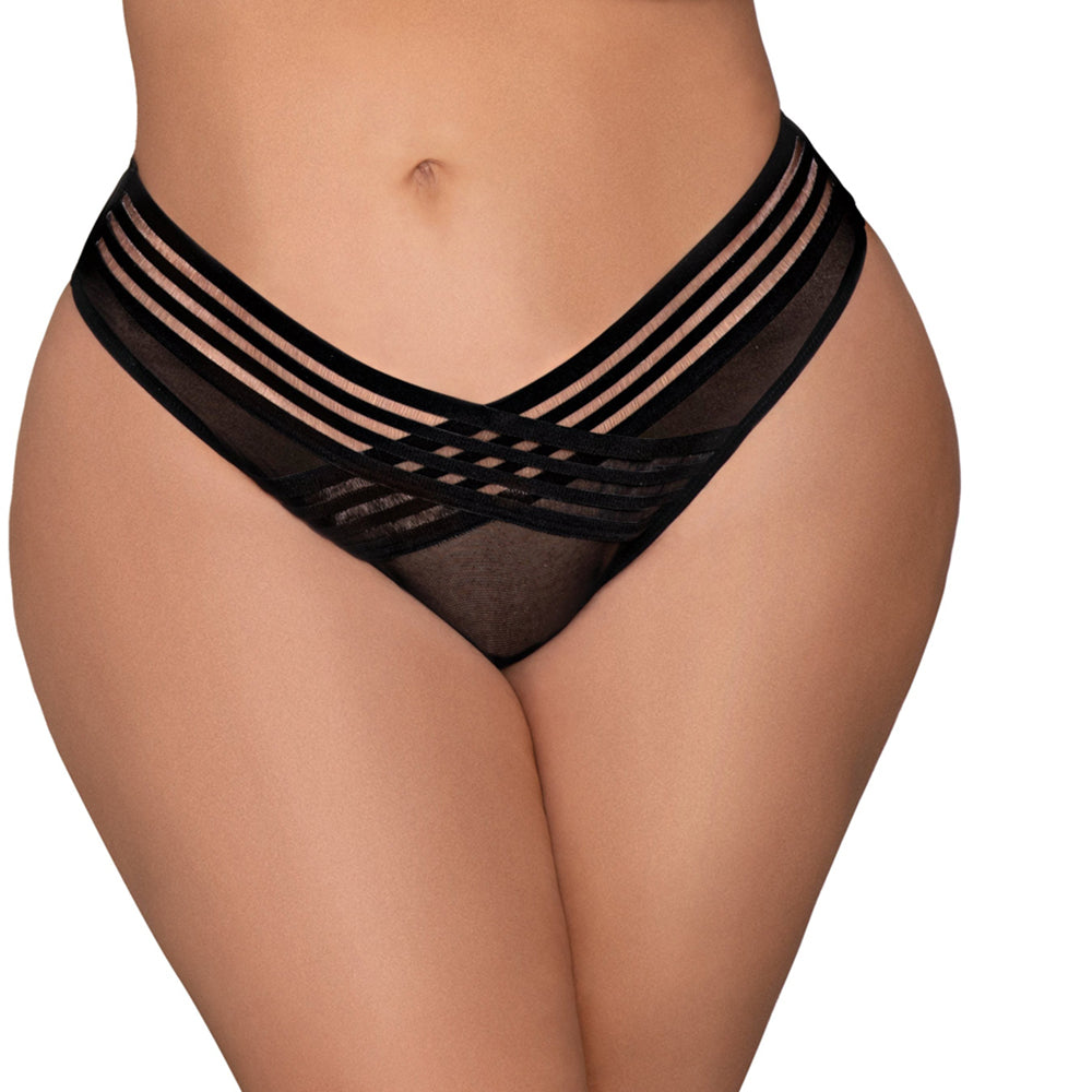 Dreamgirl Mesh Thong With Shadow Stripe Elastic Front Detail Black 1x