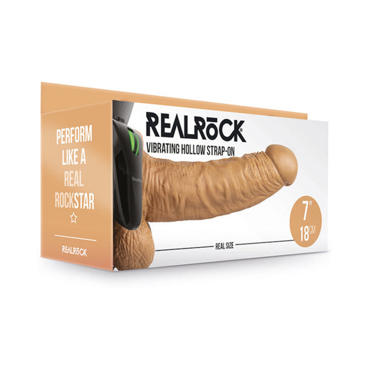 Realrock Vibrating Hollow Strap On With Balls 7 In. Mocha
