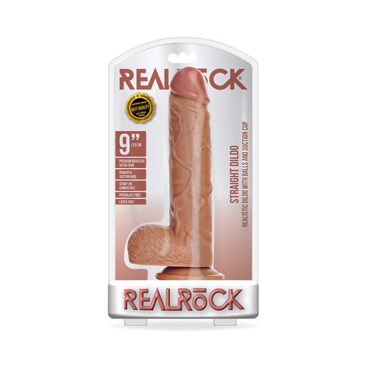 Realrock Straight Realistic Dildo With Balls And Suction Cup 9 In. Tan