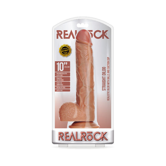 Realrock Straight Realistic Dildo With Balls And Suction Cup 10 In. Tan