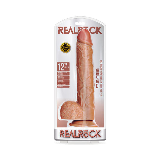 Realrock Straight Realistic Dildo With Balls And Suction Cup 12 In. Tan