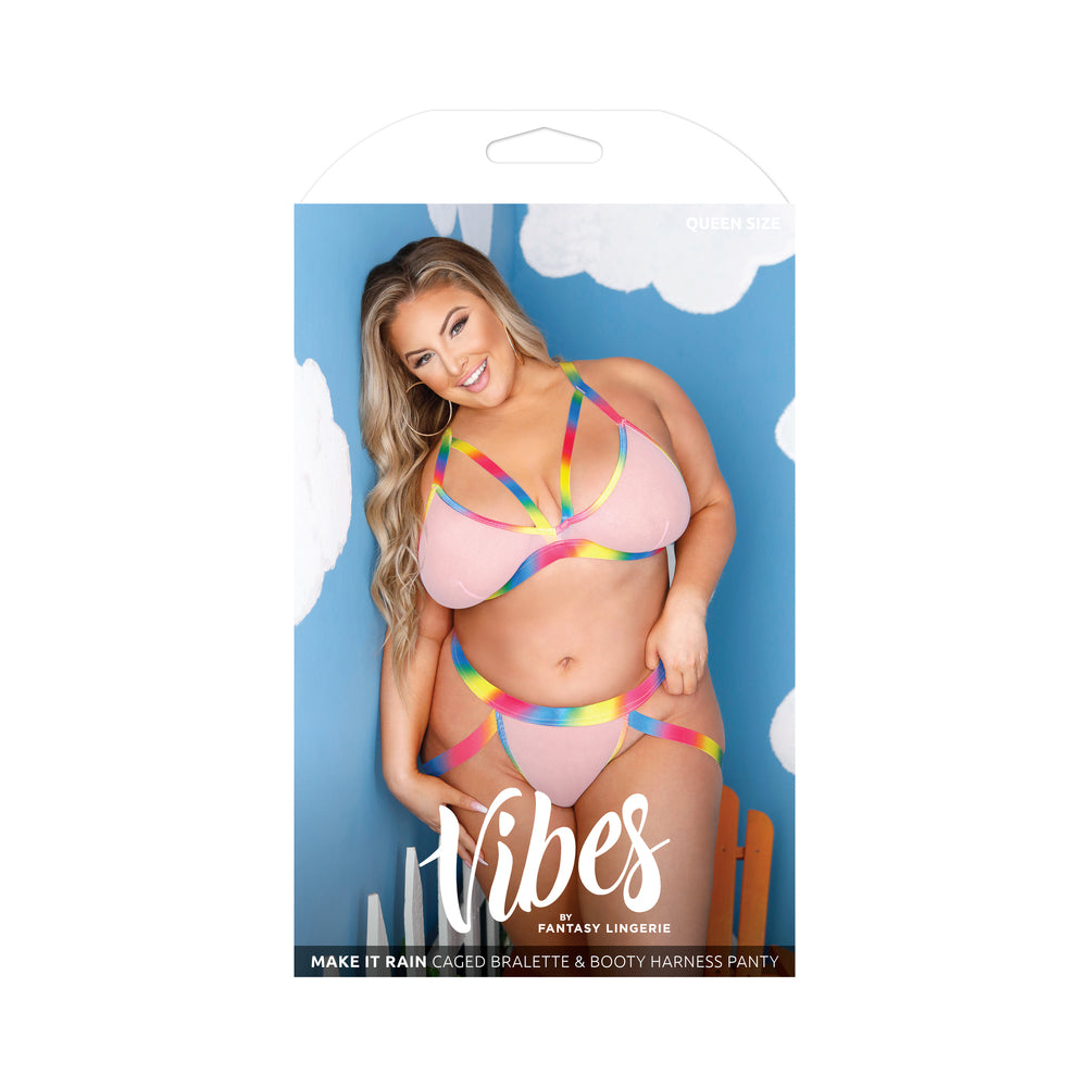Vibes Make It Rain Caged Bralette & Panty With Booty Harness Queen Rainbow