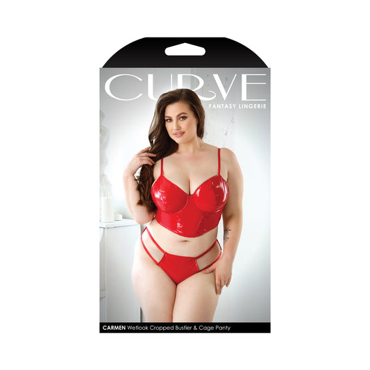 Curve Carmen Wetlook Cropped Bustier & Matching Cage Panty 3x/4x Red