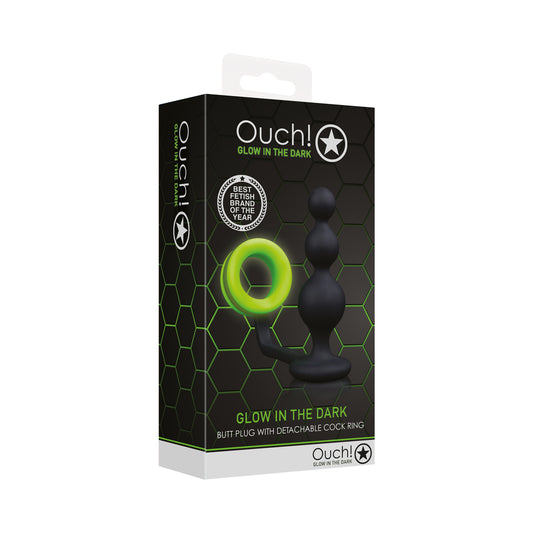 Ouch! Glow Beads Butt Plug With Cock Ring - Glow In The Dark - Green