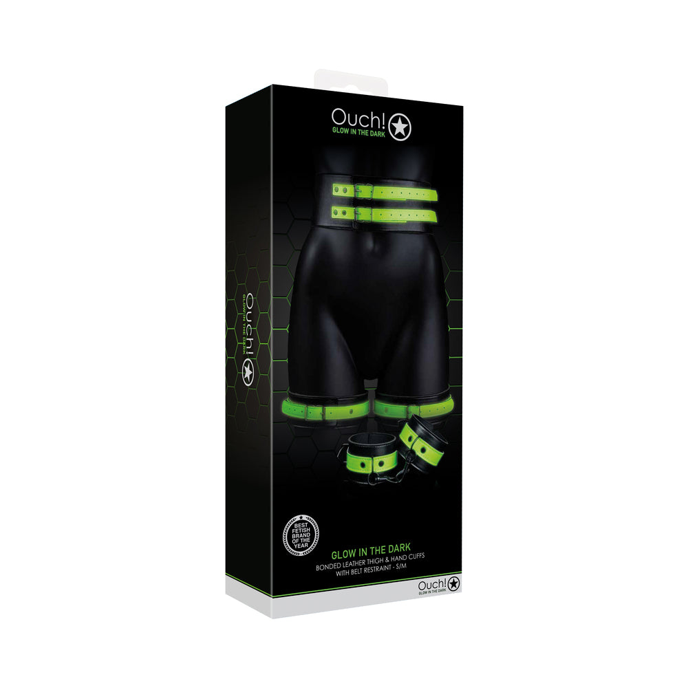 Ouch! Glow Thigh Cuffs, Hand Cuffs & Belt - Glow In The Dark - Green - S/m