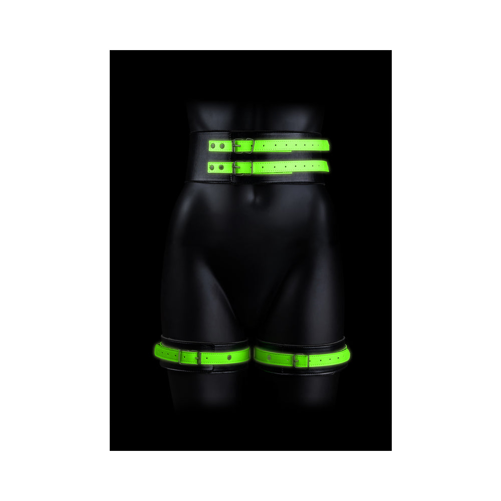 Ouch! Glow Thigh Cuffs, Hand Cuffs & Belt - Glow In The Dark - Green - S/m