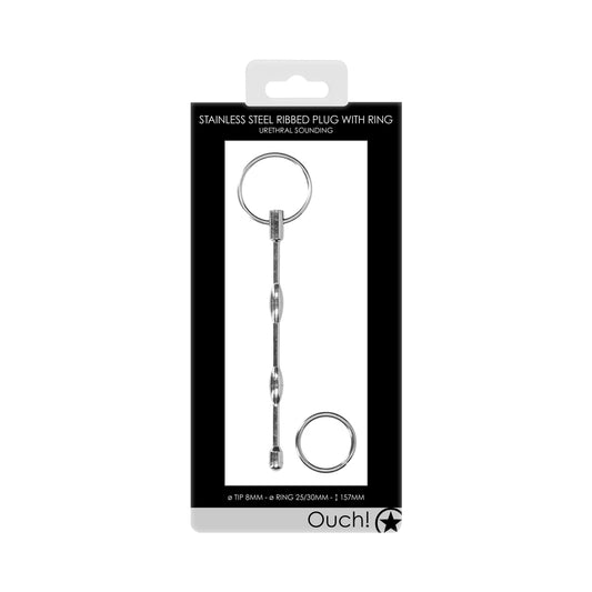 Ouch! Urethral Sounding - Ribbed Plug With Ring - 8 Mm