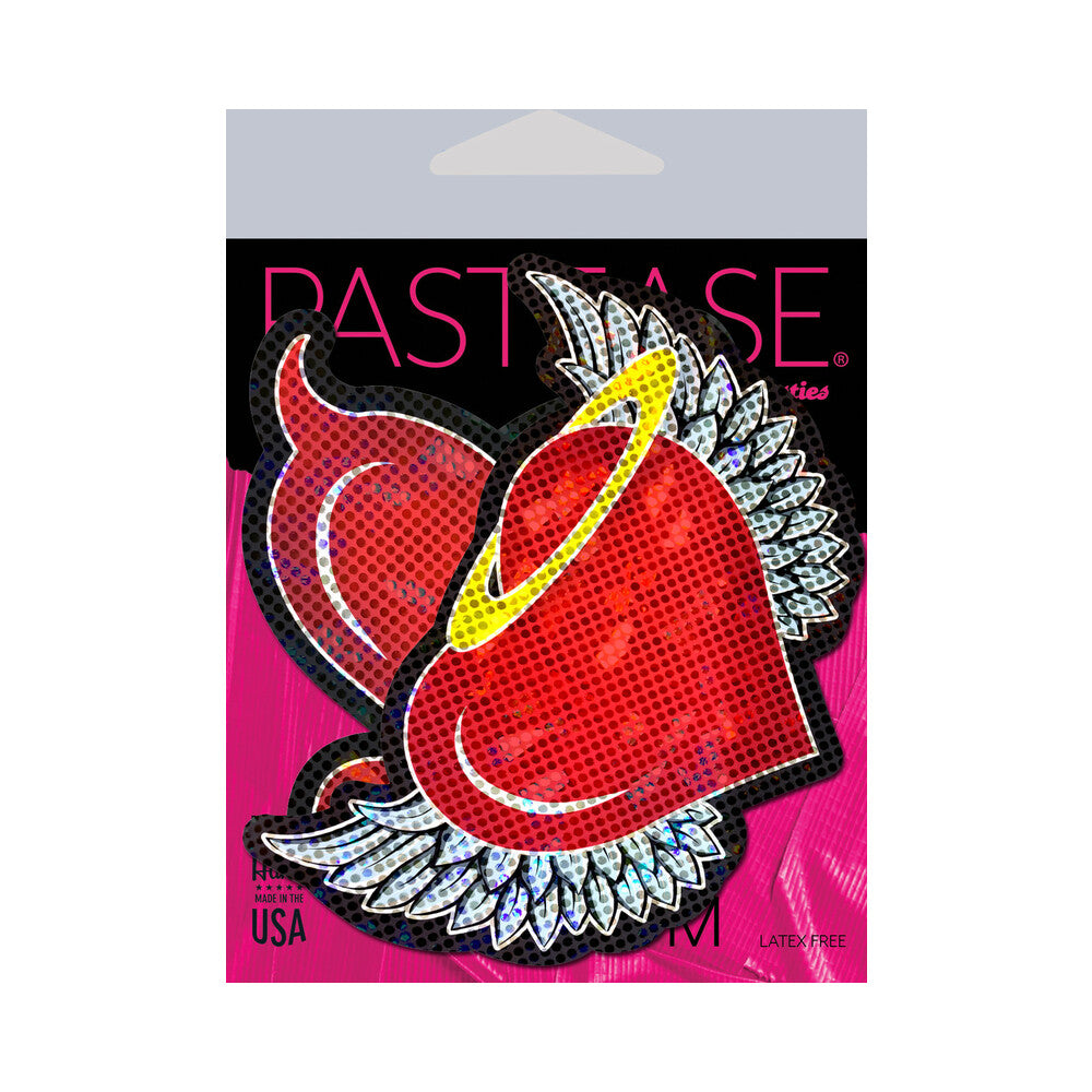 Pastease Angel & Devil Heart: Red Glitter Hearts With Wings, Halo, Horns & Tail Nipple Pasties