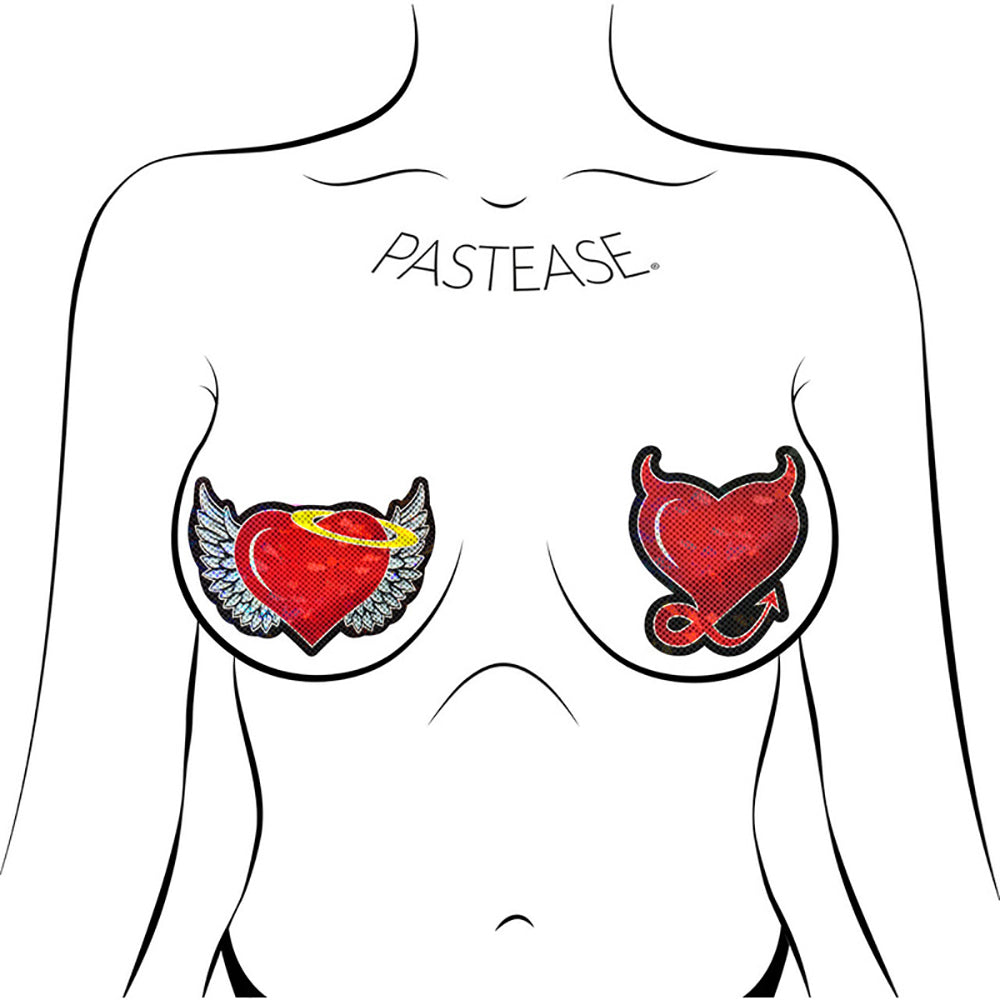 Pastease Angel & Devil Heart: Red Glitter Hearts With Wings, Halo, Horns & Tail Nipple Pasties