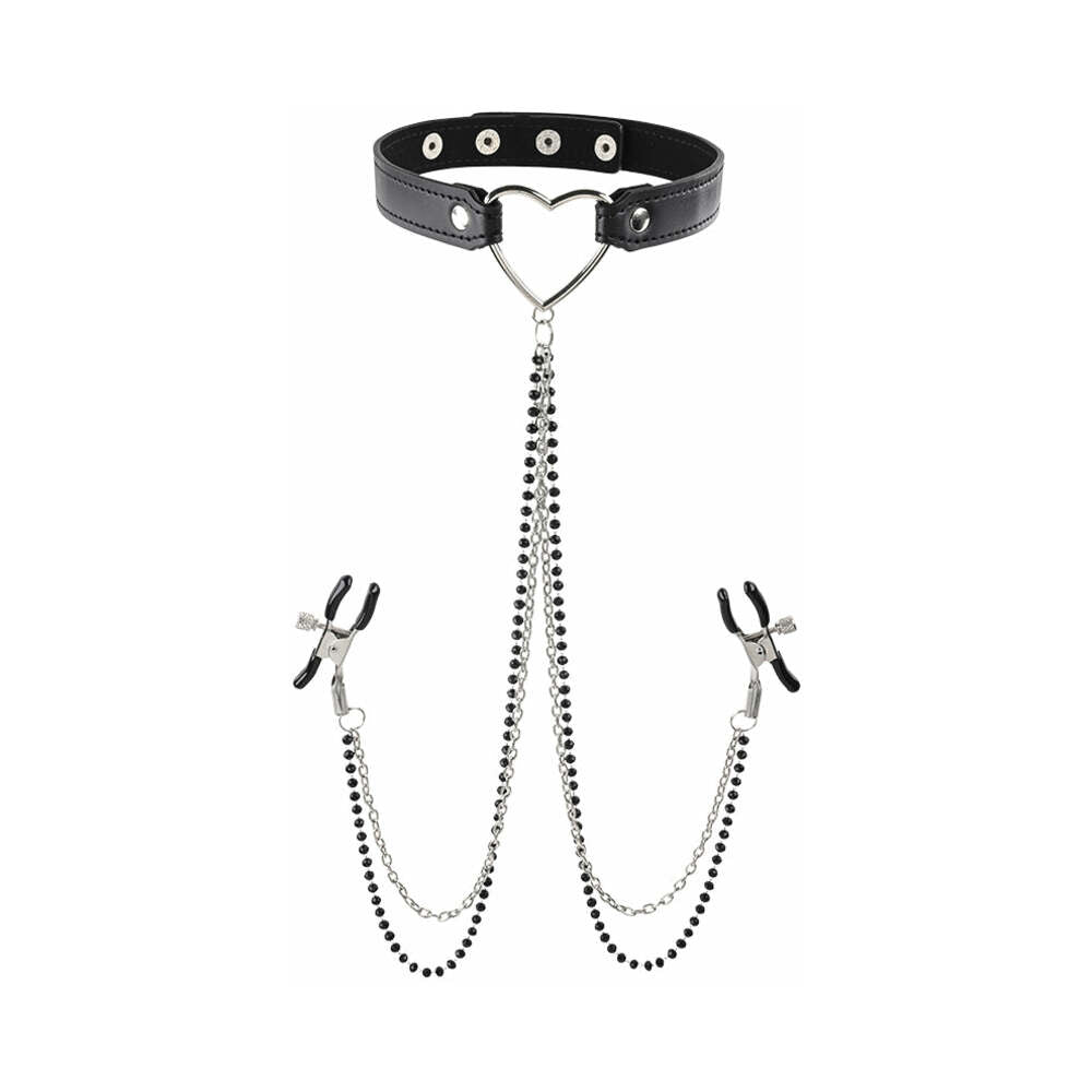 Sportsheets Sex & Mischief Amor Collar With Nipple Clamps Black