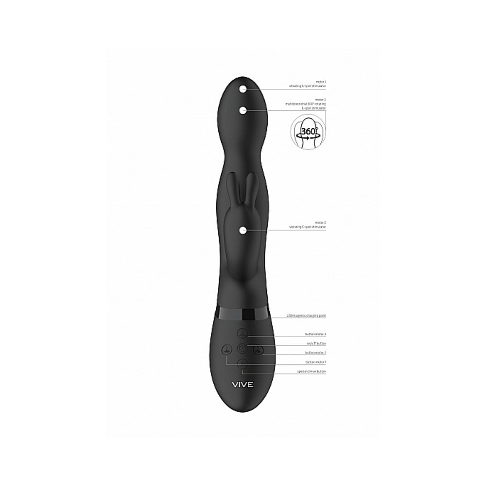 Vive Niva Rechargeable 360 Rotating Silicone Rabbit Vibrator Black