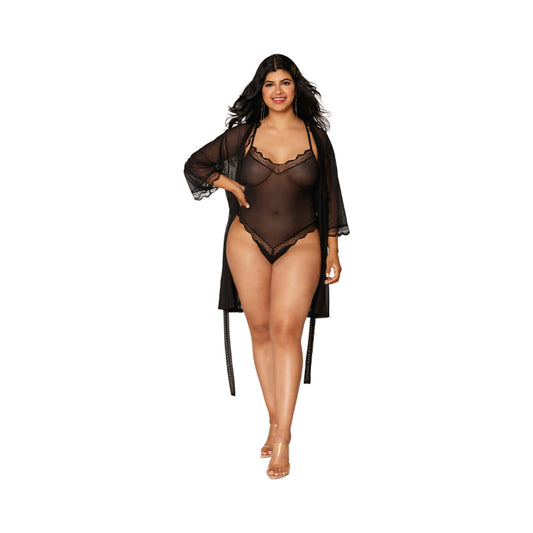 Dreamgirl Mesh Robe & Strappy Back Teddy With Lace Trim Black 2XL Hanging