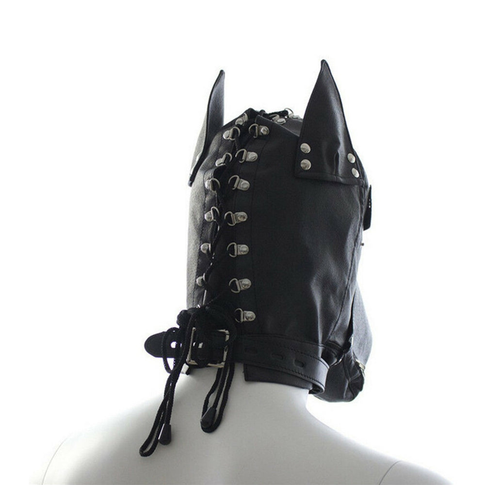 Ple'sur Locking Lace-up Faux Leather Dog Hood Mask With Zipper Mouth Black