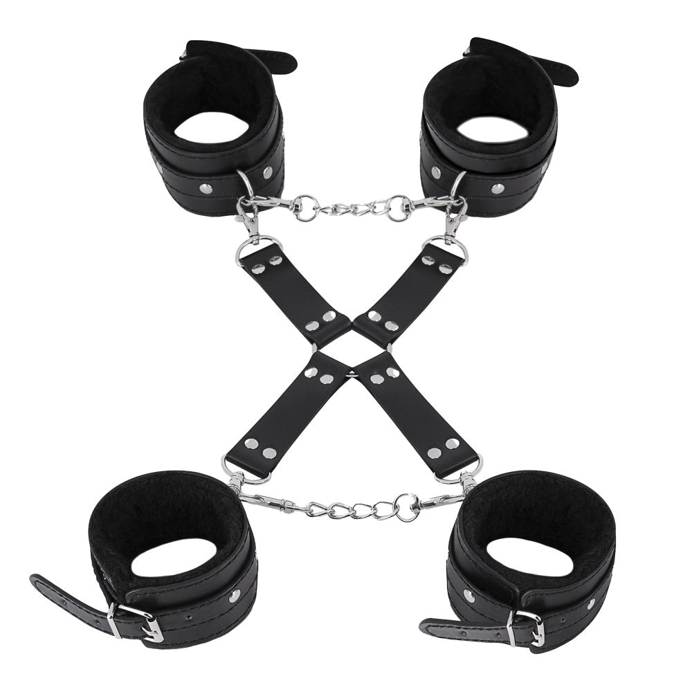 Male Power Leather All 4's Fuzzy Cuff Set Black