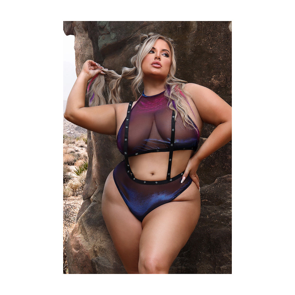 Fantasy Lingerie Vibes Stardust Iridescent Halter Top & Suspender Bottoms With Uv Reactive Star Prin