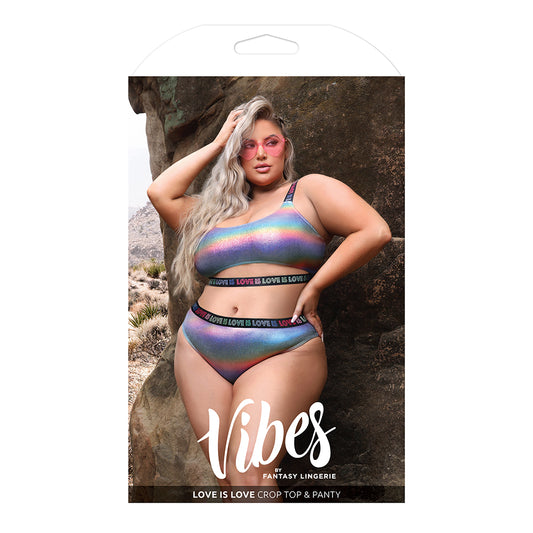 Fantasy Lingerie Vibes Love Is Love Underboob Cut Out Top & Cheeky Panty Rainbow Holo Queen Size