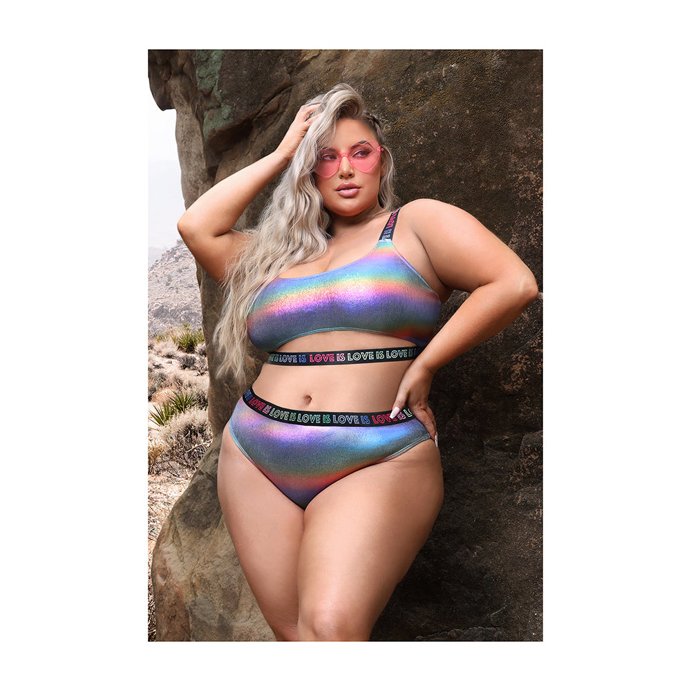 Fantasy Lingerie Vibes Love Is Love Underboob Cut Out Top & Cheeky Panty Rainbow Holo Queen Size