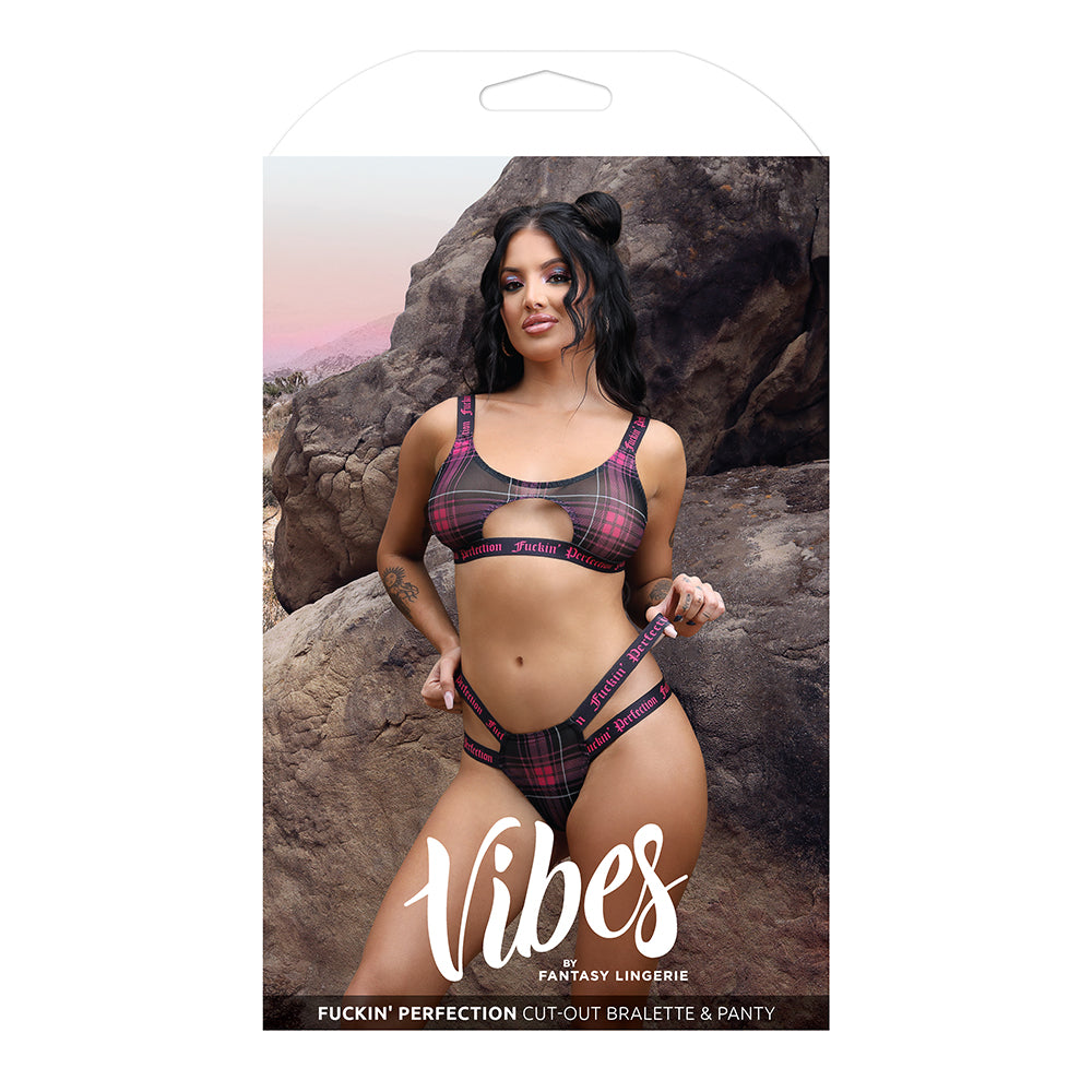 Fantasy Lingerie Vibes Fuckin' Perfection Plaid Mesh Cut Out Bralette & Panty Black L/xl