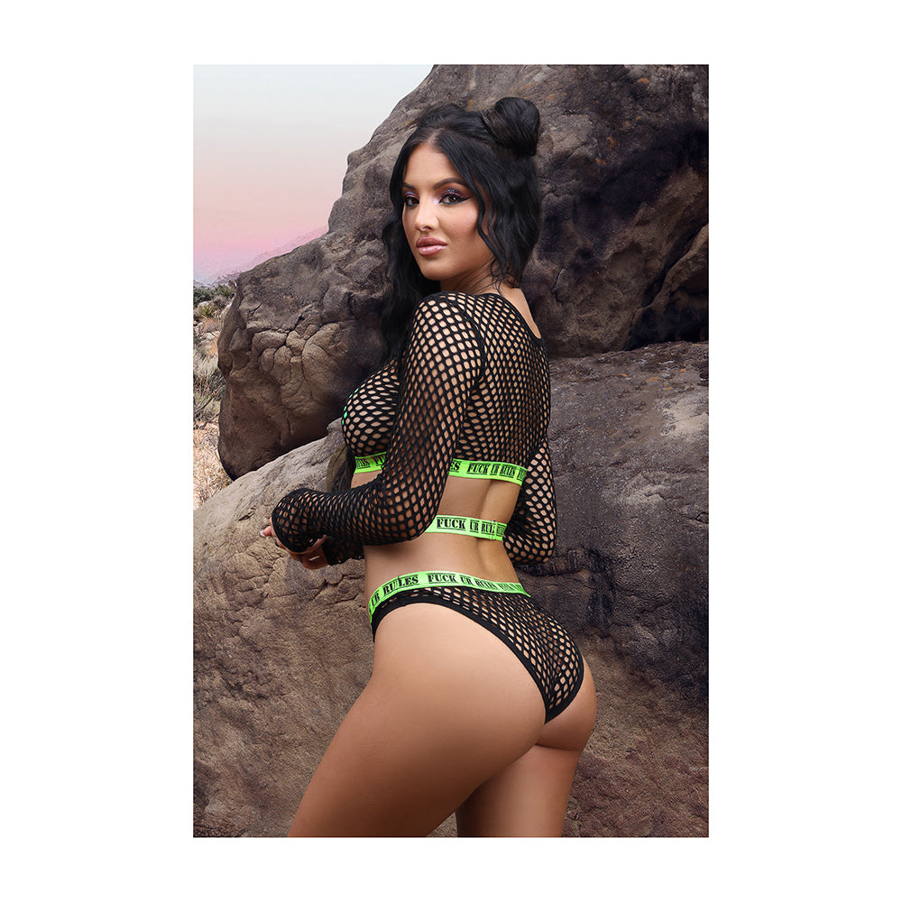 Fantasy Lingerie Vibes Fuck Ur Rules Long Sleeve Fishnet Top & Panty With Uv Reactive Elastic And 1