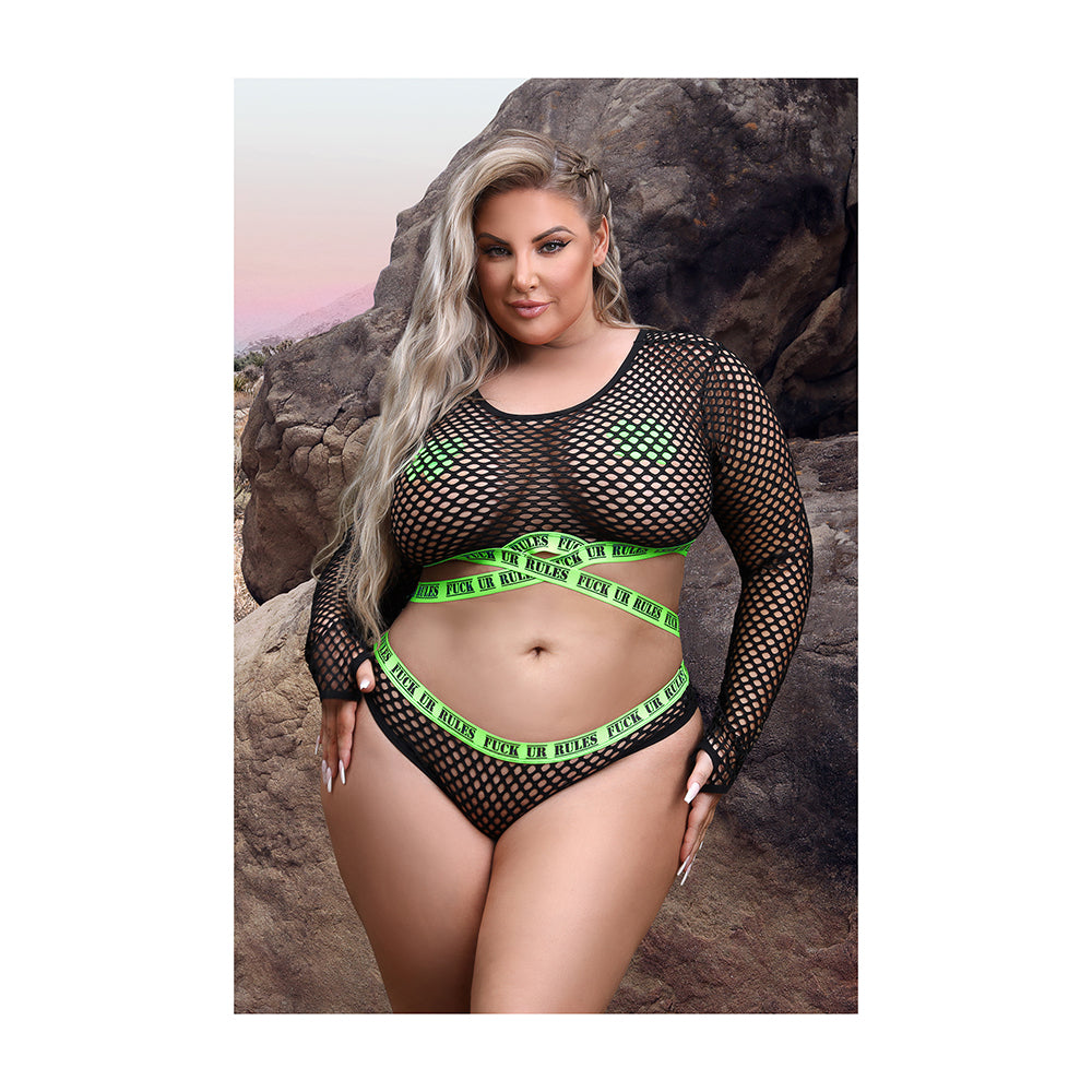 Fantasy Lingerie Vibes Fuck Ur Rules Long Sleeve Fishnet Top & Panty With Uv Reactive Elastic And 1