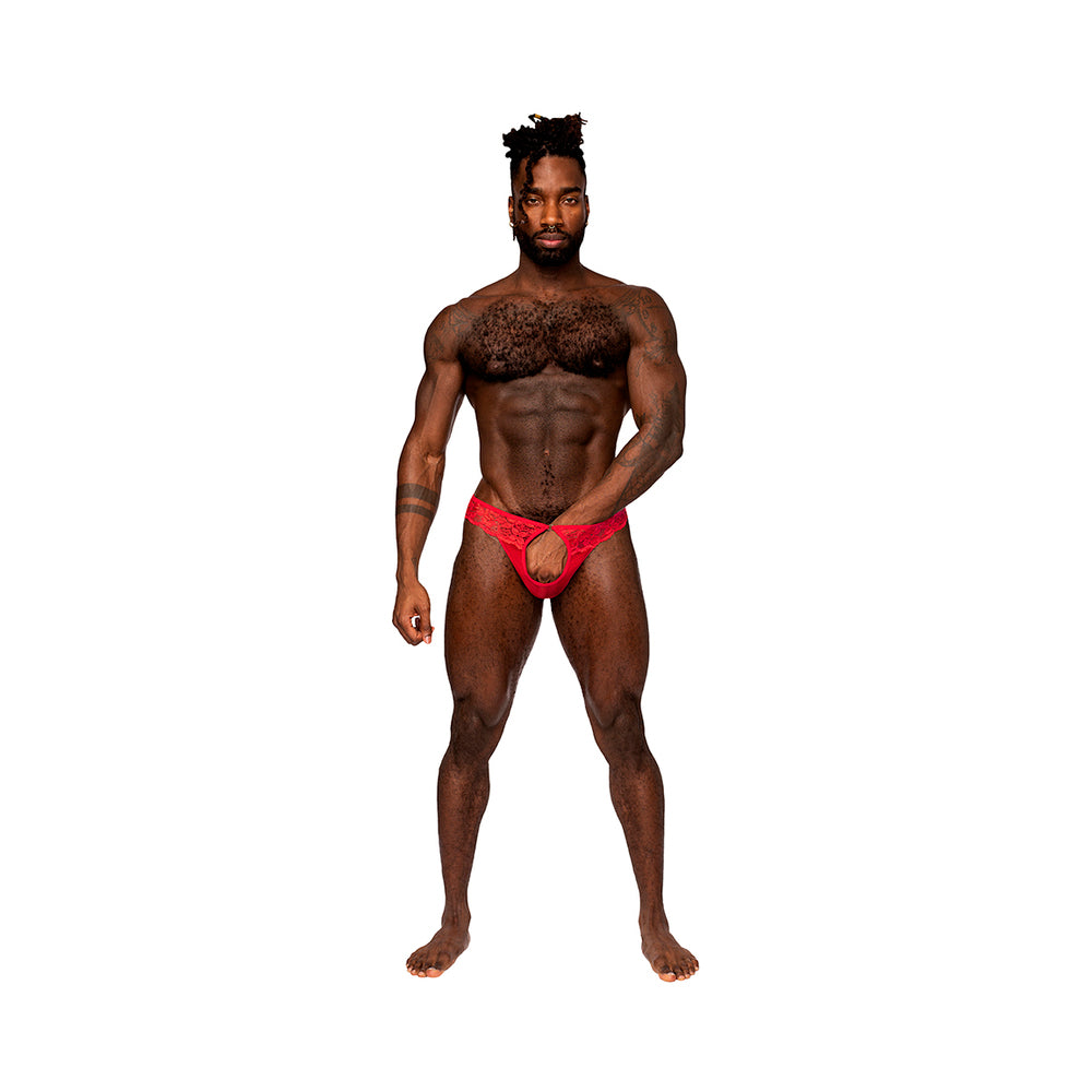 Male Power Sassy Lace Open Ring Thong Red S/m