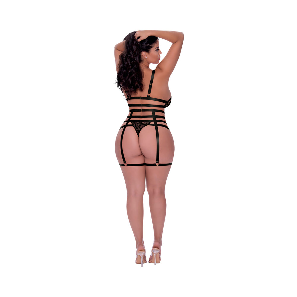 Magic Silk Rude Awakening Bralette, Thigh High Garter & Cheeky Panty Set Black Queen Size