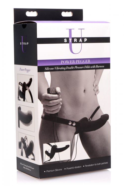 Power Pegger Silicone Vibrating Double Dildo With Harness - Black