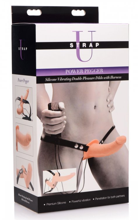 Power Pegger Silicone Vibrating Double Dildo With Harness - Flesh