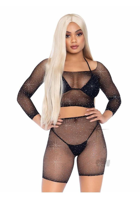 2 Pc Rhinestone Fishnet Crop Top and Biker  Shorts - Black - One Size