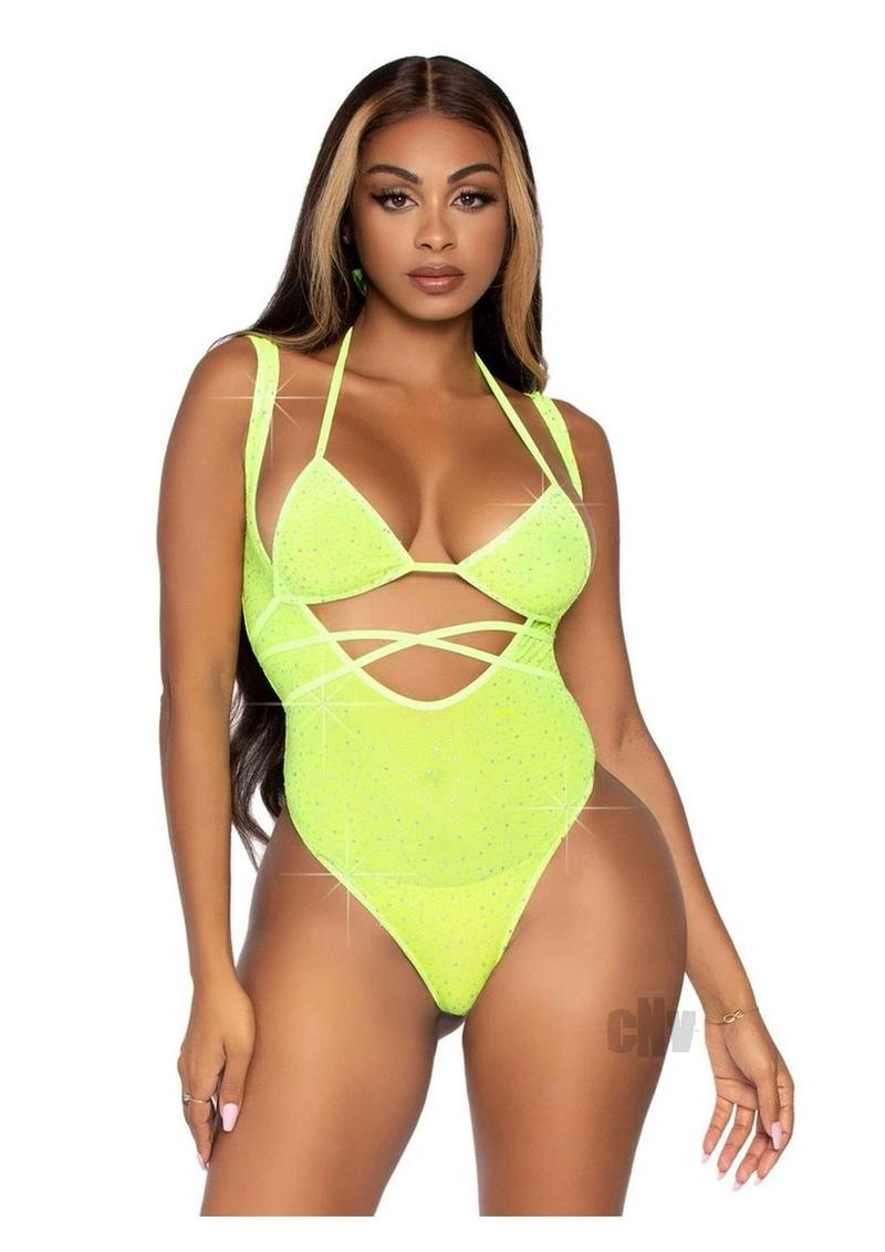 2 Pc. Rhinestone Wrap Around Bikini Top and Suspender Body Suit - One Size - Neon Yellow