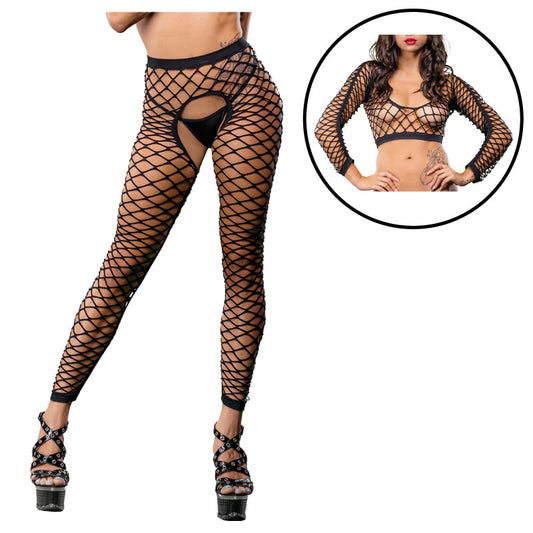 All Over Mesh Crotchless Leggings - One Size  - Black