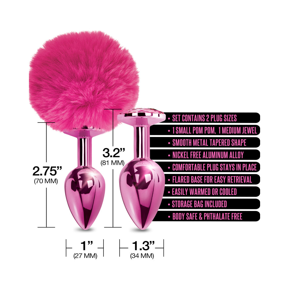 Nixie Metal Butt Plug Set Pom Pom And Jewel Inlaid Metallic Pink