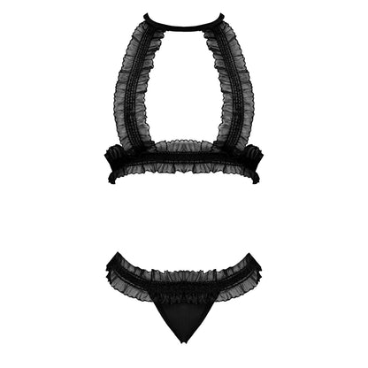 Magic Silk Ruffled Halter Bra & Split-crotch Thong Black S/m