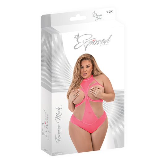 Magic Silk Forever Mesh Cupless & Crotchless Halter Teddy With Split-back Coral Queen