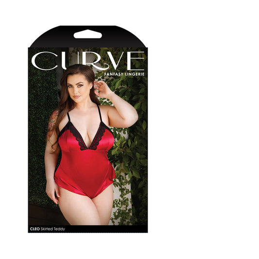 Curve Cleo Skirted Teddy With Lace Trim And Snap Closure Red 1x/2x