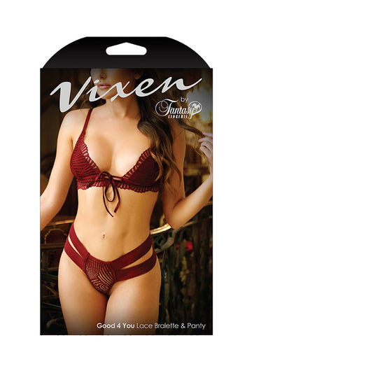 Vixen Good 4 You Lace Triangle Bralette & Matching Panty With Double-strap Waistband Burgundy L/xl