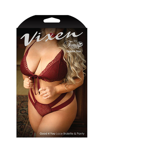 Vixen Good 4 You Lace Triangle Bralette & Matching Panty With Double-strap Waistband Burgundy Queen