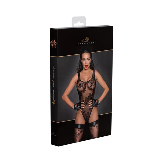Noir Handmade Tulle Bodysuit With Patterned Flock Embroidery Xl