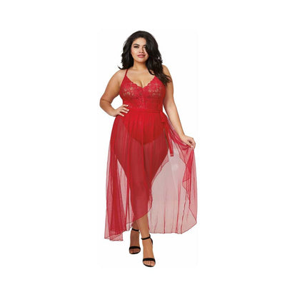 Dreamgirl Plus-size Stretch Lace Teddy & Sheer Mesh Maxi Skirt With Adjustable Straps & G-string Rou