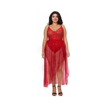 Dreamgirl Plus-size Stretch Lace Teddy & Sheer Mesh Maxi Skirt With Adjustable Straps & G-string Rou