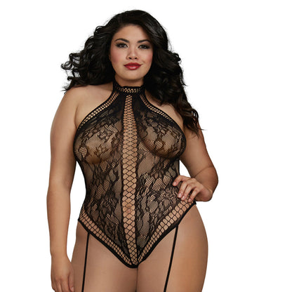 Dreamgirl Lace Teddy Bodystocking With Criss-cross Details And Halter Neckline With Snap-neck Closur