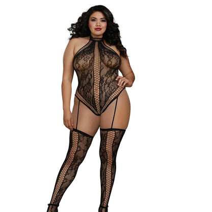 Dreamgirl Lace Teddy Bodystocking With Criss-cross Details And Halter Neckline With Snap-neck Closur