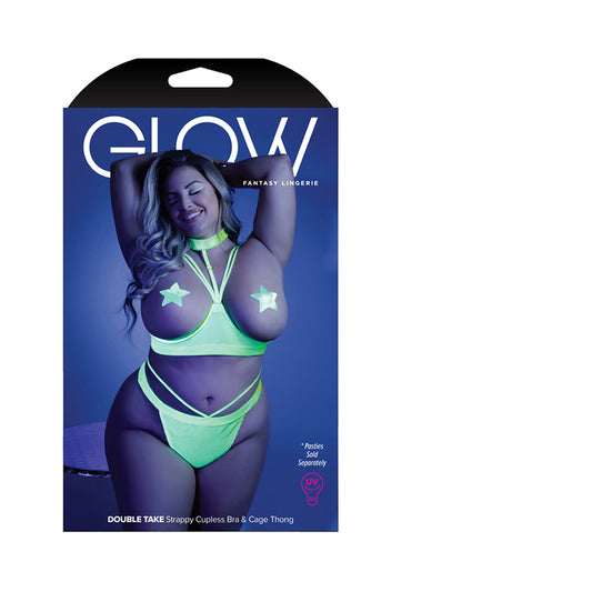 Glow Double Take Strappy Harness Open-shelf Bra & Cage Thong Neon Lemon Qs