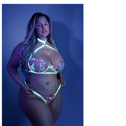 Glow In A Trance Floral Embroidered Harness Bra, Garter Belt With Attached Leg Garters & Matching G-