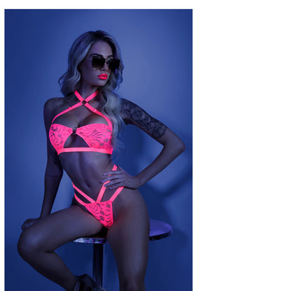 Glow Lights Off Lace Halter Bralette & Cage Panty Neon Pink S/m