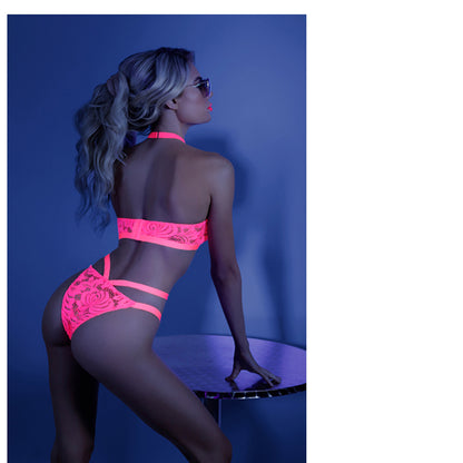 Glow Lights Off Lace Halter Bralette & Cage Panty Neon Pink M/l