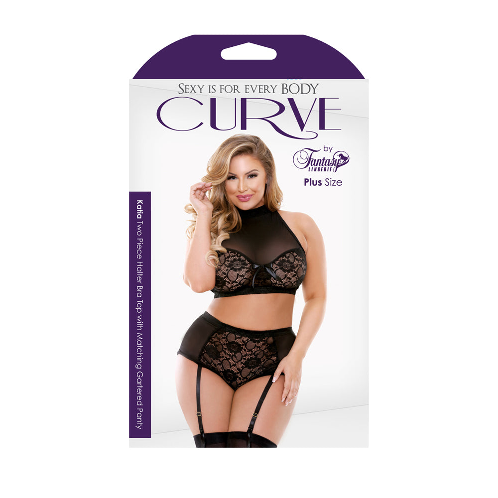 Curve Katia Halter Bra w/Gartered Panties Black 1X/2X