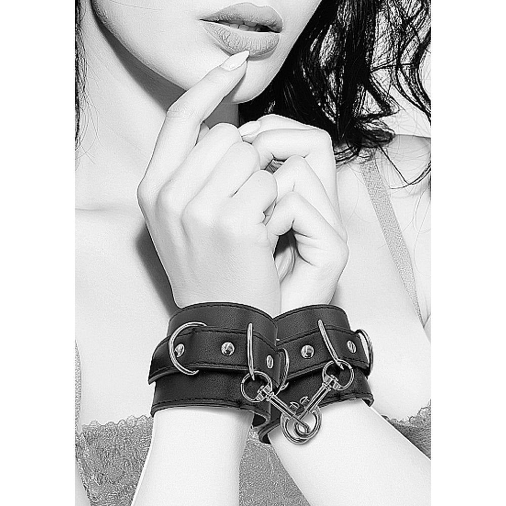 Ouch! Black & White Bonded Leather Wrist Or Ankle Cuffs With Adjustable Straps