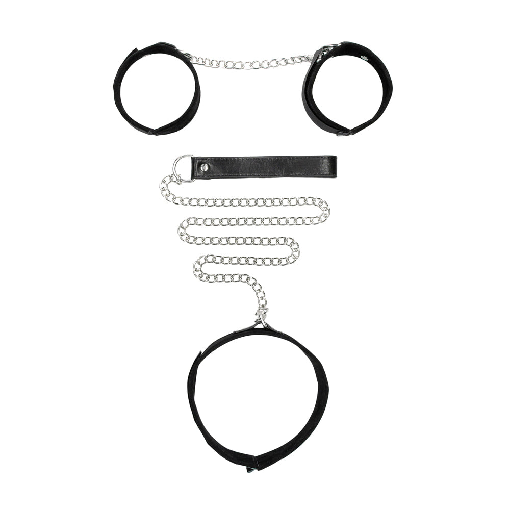 Ouch! Black & White Velcro Collar With Leash And Wrist Cuffs With Adjustable Straps Black