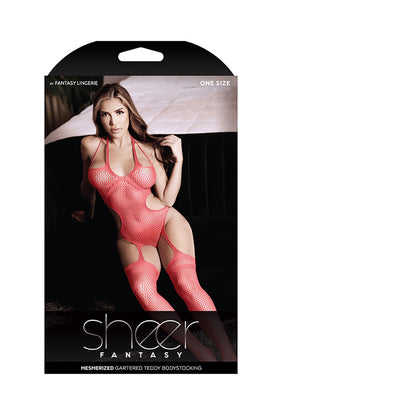 Sheer Mesmerized Gartered Teddy Bodystocking Sunset Coral O/s